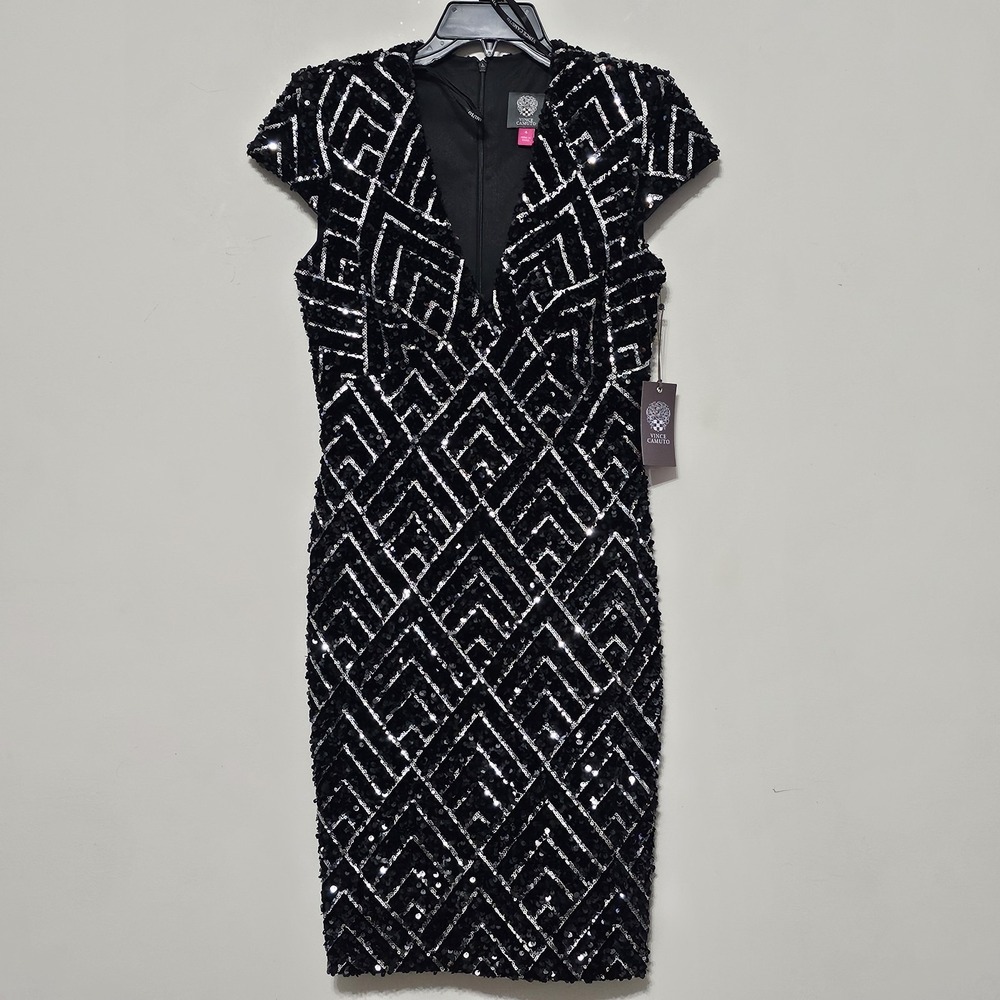 Vince Camuto Women Dress 4 Black Mini Capped Sleeve Deep Vneck Sheath Sequin 748 - Picture 2 of 15